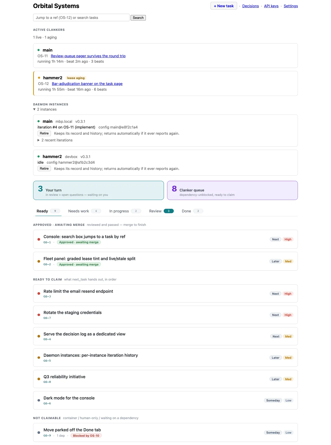 A project board: the search box and the Active clankers and Daemon instances panels above its two counters, then a ready queue split into approved-awaiting-merge, claimable and not-claimable cards with schedule and priority chips